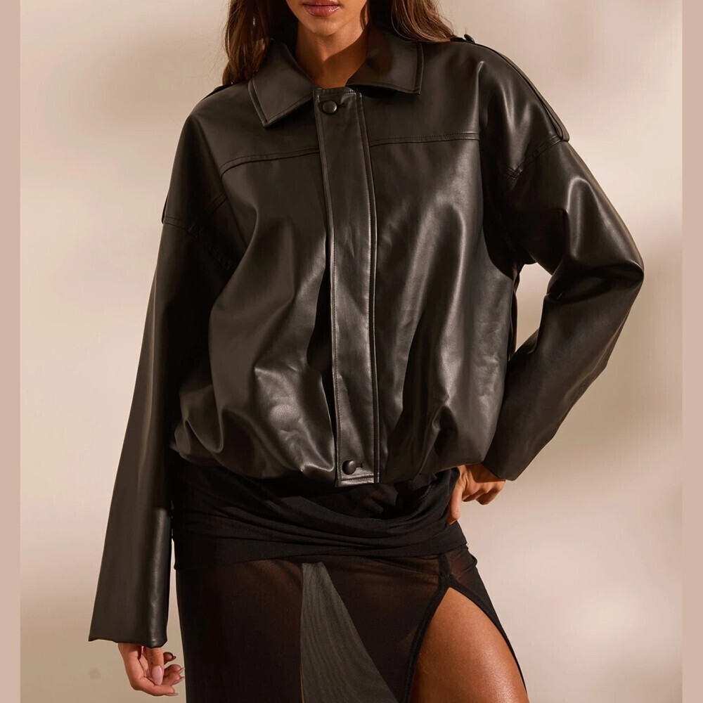 Black Faux Leather Button Front Zip Collared Oversized Bomber Jacket